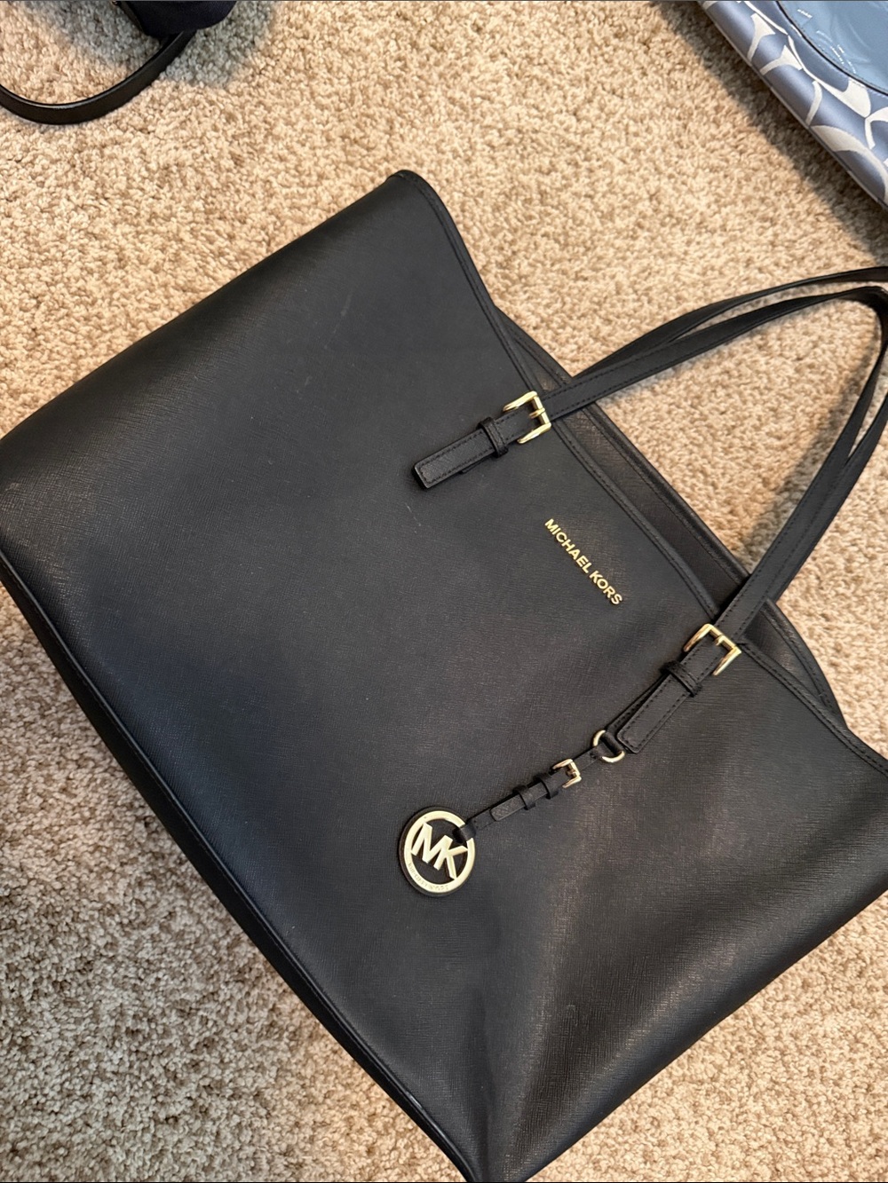 Michael Kors Black Leather Tote with Gold MK Charm